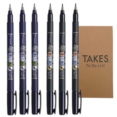 Imagem de Caneta pincel Fudenosuke preta com 6 canetas, com bloco de notas para lista de tarefas – Canetas de caligrafia para escrita e desenhos artísticos (3 x macias + 3 duras)