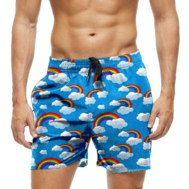 Imagem de Short Praia Shorts Banho Bermuda Verão Arco-íris Colorido Nuvem Rainbo