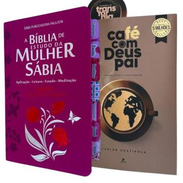 Imagem de Kit Biblia da Mulher Sabia de estudos pink com abas adesivas + Cafe co