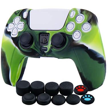 Imagem de YoRHa 10 capa de silicone para controle PS5 Dualsense (verde camuflagem) com punhos de polegar