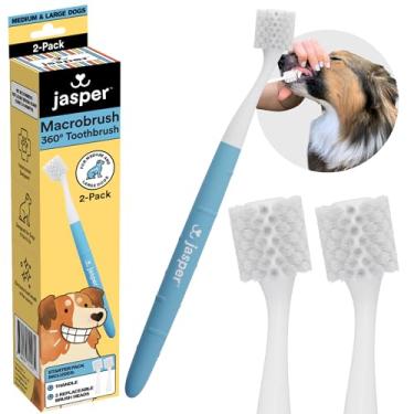 Imagem de Jasper Macrobrush 360º, escova de dentes para cães de médio a grande porte, kit de escovação de dentes de cerdas macias – alça antiderrapante premium com 2 cabeças de escova de dentes substituíveis,