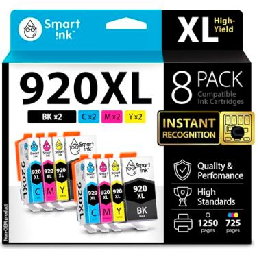 Imagem de Smart Ink Cartucho de tinta de substituição compatível com HP 920 XL 920XL (2 pretos, 2 cianos, 2 magentas, 2 amarelos, 8 pacotes combinados) para usar com HP Officejet 6000 6500 6500A 7000 7500