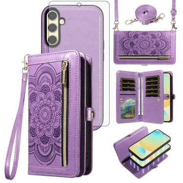 Imagem de Asuwish Capa de celular para Samsung Galaxy S24 FE 5G Carteira com zíper magnética destacável com protetor de tela de vidro temperado, alça transversal, compartimento para cartão de flores S 24 EF