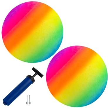 Imagem de New Bounce Bolas de playground para crianças – Conjunto de 2 bolas de chute de borracha colorida arco-íris mais bomba – Tamanho regular para Dodgeball e mais – Bola de jogo durável e inflável de 21,5 cm