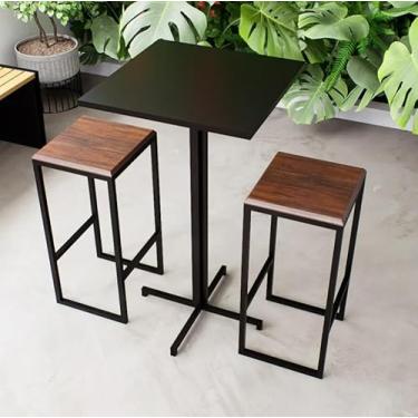 Imagem de Conjunto Mesa Alta Bar Bistrô Quadrada Preta 2 Bancos Imbuia Industrial Black