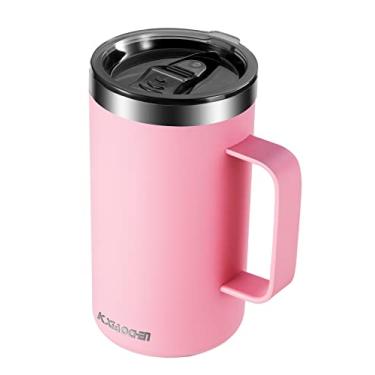 Imagem de KXIAOCHEN Caneca de café isolada de 590 ml com tampa, xícara de café de aço inoxidável, copo de café a vácuo de parede dupla com alça, caneca de café térmica premium para viagem (rosa)