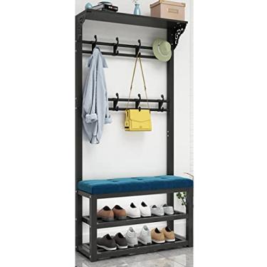 Imagem de Cabide Industrial Hall Tree Rack de sapato, prateleira de armazenamento de entrada com banco de sapatos/6 ganchos para quarto, montagem resistente e fácil