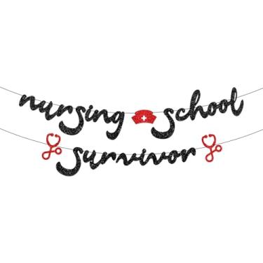 Imagem de Faixa de sobrevivente da escola de enfermagem com glitter preto | Faixa de decoração de festa de formatura de enfermeira 2025 | Congrats Nurse, RN, BSN Grad Party Sign Photo Backdrop