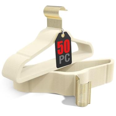 Imagem de Korpai Pacote com 50 cabides de veludo bege, antiderrapante, resistente, economia de espaço, cabides finos para calças, roupas, saias, ternos, casacos, vestidos, etc. Cabides de feltro com gancho