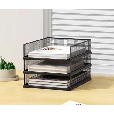 Imagem de A3 Organizador empilhável de papel para cartas, 2/3/4 camadas, organizador de pastas de arquivos de malha de metal para mesa com suporte de arquivo para material de escritório em casa, preto, branco