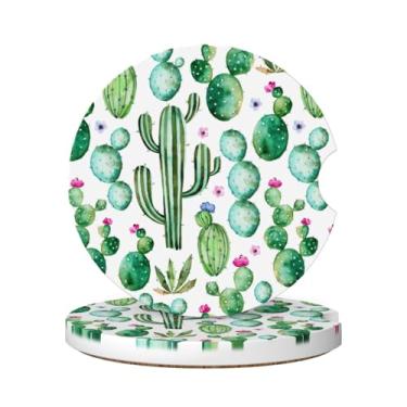 Imagem de Famame 2 peças de porta-copos de cerâmica cactos de cactos aquarela, conjuntos de porta-copos absorventes antiderrapantes para bebidas, decoração de carro, acessórios automotivos