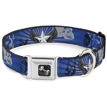 Imagem de Buckle-Down Coleira para cachorro com fivela de cinto de segurança - Die Hard Skulls & Stars1 azul/cinza - 3,8 cm de largura - Serve em pescoço de 33 a 45 cm - Pequena