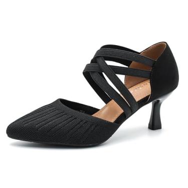 Imagem de Sapato social feminino com salto baixo gatinho de malha elástico cruzado e tira no tornozelo, Preto, 41