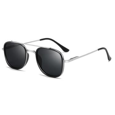 Imagem de SUNGAIT Óculos de sol unissex estilo retrô com armação fosca anti-impressão digital e lentes polarizadas SGT983, Armação prateada/lente cinza