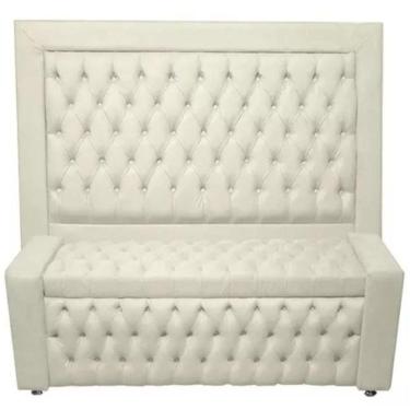Imagem de Kit Cabeceira De Cama Box E Calçadeira Baú Retro Capitonê Botão Encapados Queen 160 Cm Suede Porcelana Eli Móveis