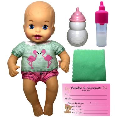 Imagem de Boneca Bebê Menina Baby Little Mommy Recém Nascida - Roupa Verde E Rosa Flamingos - Com Acessórios Certidão De Nascimento Cobertor Mamadeira Mágica E