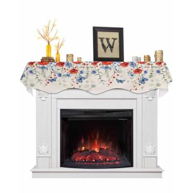 Imagem de Cachecol de cornija do Dia da Independência para Lareira 178 x 43 cm Vermelho BluePoppies Folhas de Eucalipto Textura de Linho Decoração Lenço Lareira Prateleira Corredor Superior para Artigos de