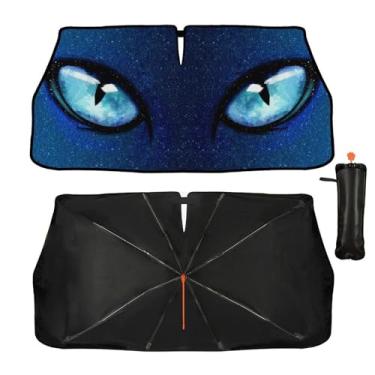 Imagem de Guarda-sol com olhos engraçados para para-brisa, capa de proteção solar dobrável atualizada para bloqueio de para-brisa frontal de carro raios UV, adequado para a maioria dos carros