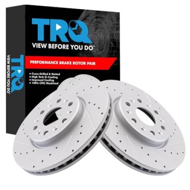 Imagem de TRQ Conjunto de rotores de freio dianteiro de desempenho premium G-Coated Slotted X Drilled Compatível com 2018-2022 Buick Enclave 2019-2023 Chevrolet Blazer 2018-2023 Traverse 2017-2022 GMC Acadia