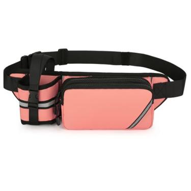 Imagem de Ausion Pochete para homens e mulheres, cinto ajustável, bolsa para bumbum, moderna, resistente à água, para caminhadas, viagens, casual, corrida, caminhada, ciclismo, rosa com suporte de garrafa