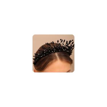 Imagem de YERTTER Tiara de cabelo vintage com contas de pérolas de cristal, coroa de cabelo, feita à mão, para noiva, deusa grega, pérola, para casamento, formatura, festa de aniversário (preto)