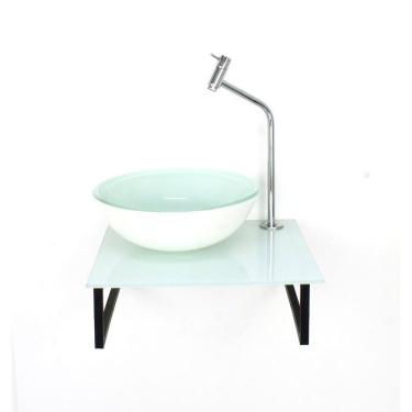 Imagem de Kit Cuba Vidro Redonda 10Mm Tampo 40Cm Branco Full Suporte