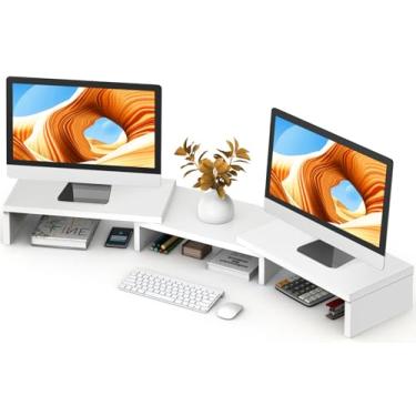 Imagem de TAVR Furniture Suporte para monitor duplo, suporte para monitor de computador para 2 monitores, organizador de mesa multifuncional extralongo para computador, laptop, PC, impressora, TV, comprimento