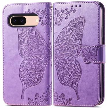 Imagem de ROPIGO Capa carteira para Google Pixel 8A, couro PU premium borboleta em relevo [suporte] [compartimentos para cartões] [alça de pulso] [6,1 polegadas] capa de celular para Pixel 8A (A1-Lavender)