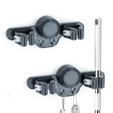 Imagem de Sekonow Suporte de parede para esfregão com ventosa forte e organizador de vassoura com ganchos, suporte removível para economia de espaço para lavanderia, jardim e garagem (cinza)