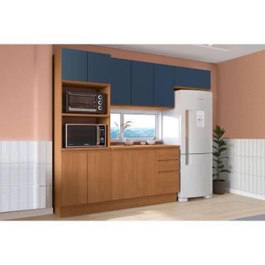 Imagem de Cozinha Modulada Completa Ciela 5 Peças (2Aéreos+1Balcão+1TorreQuente+1Complemento) C5P116 Canela/Azul Profundo - Kappesberg