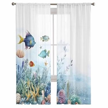 Imagem de EZON-CH Conjunto de 2 painéis de cortinas transparentes para janela, coral, peixe, aquarela, oceano, cortinas, varão, bolso para varão, decoração para cozinha, quarto, sala de estar, persiana solar