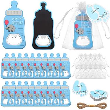 Imagem de 20 peças abridor de garrafas em formato de garrafa Poppin azul chá de bebê garrafas magnéticas em formato de lembrancinhas de festa com 20 peças de etiquetas, 20 peças de sacos de organza branco e corda de estopa para materiais de festa de aniversário