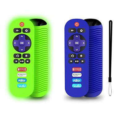 Imagem de Pacote com 2 capas de silicone para controle remoto TCL Roku TV RC280, capa protetora universal de substituição leve à prova de choque TCL Roku TV Remote Cover com cordão (azul + verde brilhante)