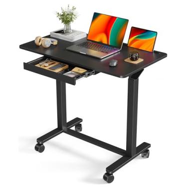 Imagem de Liftsync Mesa móvel de pé, pequena mesa com rodinhas de 89 cm com gaveta, estação de trabalho com suporte ajustável em altura, carrinho de laptop portátil preto com rodas ocultas ou rodízios