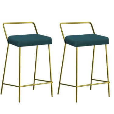 Imagem de Kit 02 Banqueta Alta Com Encosto Donna Industrial Cozinha Bistrô Ferro Dourado Suede Azul Turquesa
