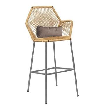 Imagem de Banqueta Alta Com Encosto Sttar Ferro Prata Fibra Palha Almofada Suede Bege