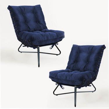 Imagem de Kit 02 Poltronas Costela Ferro Industrial X Pés Cruzados Sala Suede Azul Marinho