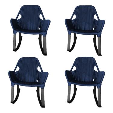 Imagem de Kit 4 Cadeiras De Balanço Athenas Corda Náutica Base Em Alumínio Preto-azul Marinho - Cor: Azul
