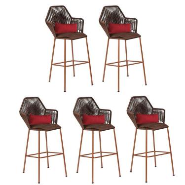 Imagem de Kit 05 Banqueta Alta Com Encosto Sttar Balcão Ferro Bronze Fibra Marrom Almofada Corino Vermelho