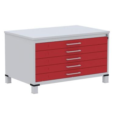 Imagem de Mapoteca 5 Gavetas Pandin 120 Cm (larg) Inmetro Tampo Mdp Cinza Estrutura Aço Cinza Gaveta Vermelha