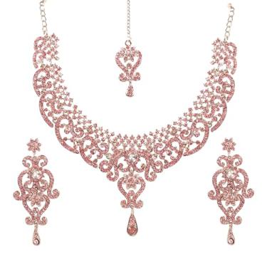 Imagem de Touchstone Conjunto de joias indianas para mulheres bollywood joias de ouro roupas de casamento conjuntos de colar brincos de noiva maang tikka fantasia chique meninas grandes acessórios desi strass