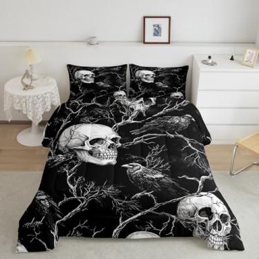 Imagem de Jogo de cama King com caveira gótica, pássaros exóticos, corvo preto, para decoração de quarto de adolescentes, crianças, homens, vintage, ramo da selva, reversível, edredom temático de Halloween, 3