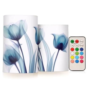 Imagem de BOENLE Velas Sem Chamas, De Led Com Flor Tulipa Azul E Temporizador Remoto, Conjunto 2 A Pilhas Para Dia Dos Namorados, Casamento Aniversário