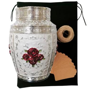 Imagem de EVELUXWIT Urnas De Rosas Para Cinzas Humanas, Tamanho Médio, Cremação, Adultos, Lindas Funerárias Decorativas Liga Zinco, 18 Cm Altura X 12 Comprimento (Prateado E Vermelho)