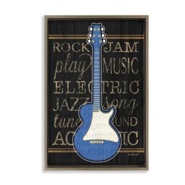 Imagem de Stupell Industries Design de arte de parede em tela flutuante marrom com motivo de guitarra elétrica azul por Jennifer Pugh, 43 x 63 cm