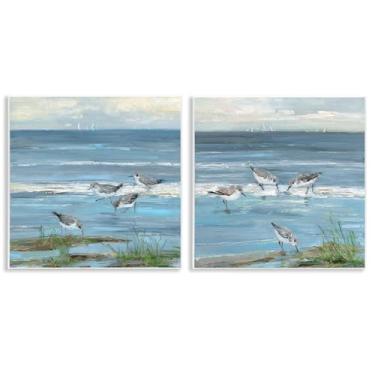 Imagem de Stupell Industries Beach Shore with Sandpipers & Grasses 2 peças placa de parede conjunto de arte design por Sally Swatland, 12 x 12