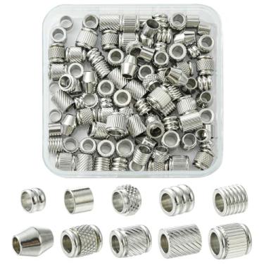 Imagem de UR URLIFEHALL 100 peças de contas espaçadoras aleatórias de aço inoxidável com furo grande, coluna de barril de prata, contas europeias para colar, pulseira, faça você mesmo, fabricação de joias