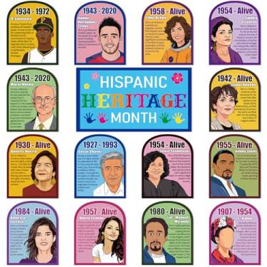 Imagem de 15 peças, pôsteres do mês da herança hispânica, conjunto de pôsteres de sala de aula de cultura hispânica, pôster motivacional inglês de pessoas latinas famosas para escritório, parede, escola