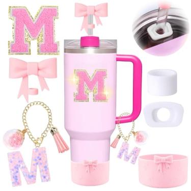 Imagem de 6 peças de acessórios rosa para copo Stanley, decorações para copo de 30/1,134 g com alça, inclui tampa e bota de cobertura de palha de laço, pingente de iniciais, adesivo de letra, tampa à prova de
