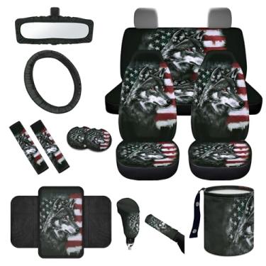 Imagem de gearider Wolf 14 peças de capa de assento de carro conjunto completo com capa de volante automotivo almofadas de cinto de segurança porta-copos bandeira americana saco de lixo espelho retrovisor